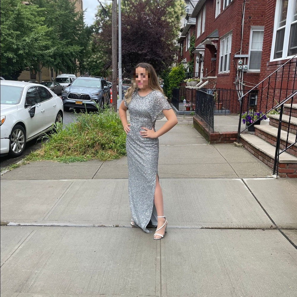 Beautiful flutter sleeve silver sequin gown!